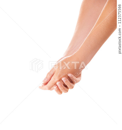 Skincare, soap and washing hands closeup for hygiene in studio isolated on a white background mockup space. Fingers, nails and woman cleaning with foam, dermatology and bacteria prevention for health 112375566