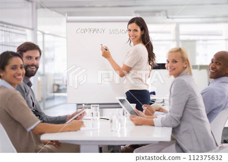 Business people, presentation and portrait in boardroom or meeting collaboration or brainstorming, vision or planning. Man, woman and colleagues at creative agency for proposal, startup or tablet Business people, presentation and portrait in boardroom or meeting collaboration or brainstorming, vision or planning. Man, woman and colleagues at creative agency for proposal, startup or tablet 112375632