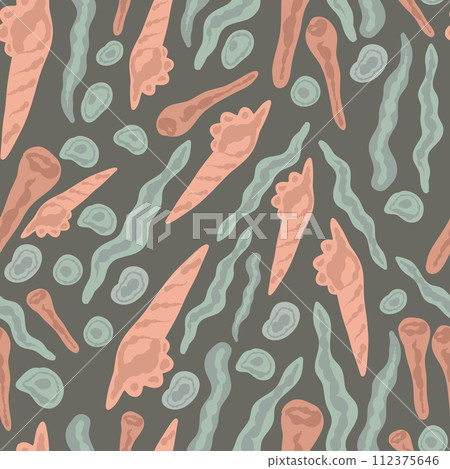 Pink shells and seaweeds seamless pattern flat design 112375646