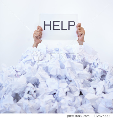 Person, office and hands with pile of documents, sign and help with burnout, stress and administration. Debt, bills and worker lost in paperwork, overworked and overwhelmed with pressure in crisis. 112375652