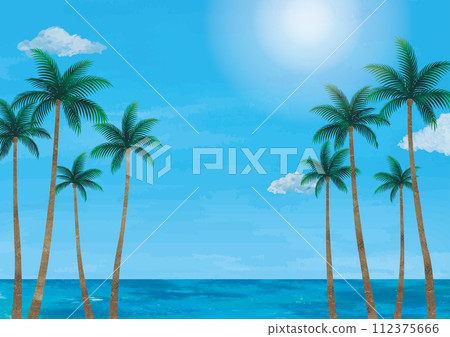 夏威夷風景水彩畫與棕櫚樹和海洋 112375666