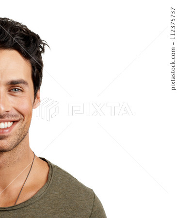 Smile, half face and portrait of man in a studio with positive, good and confident attitude. Happy, mockup space and handsome young male person from Australia with style isolated by white background. Smile, half face and portrait of man in a studio with positive, good and confident attitude. Happy, mockup space and handsome young male person from Australia with style isolated by white background. 112375737