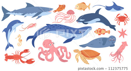 Hand drawn wildlife composition with sea animals on white background 112375775