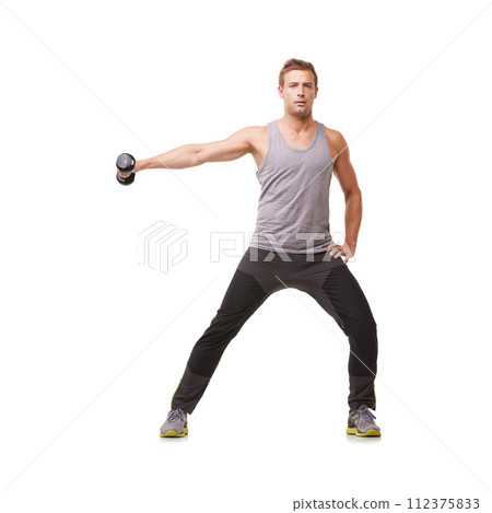 Workout, bodybuilder or man with dumbbells training, exercise or fitness for wellness. White background, studio mockup space or healthy athlete doing lateral raises for strong shoulders or muscle 112375833