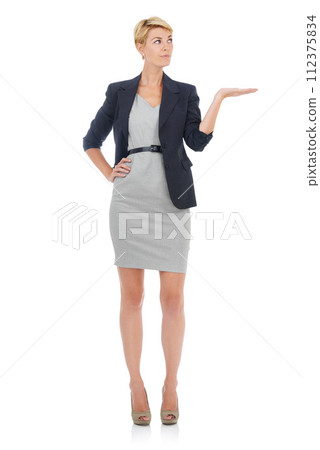 Business, woman and palm in studio for advertising choice, decision and offer promotion on white background. Corporate employee thinking of feedback, announcement and presentation of advice on mockup 112375834
