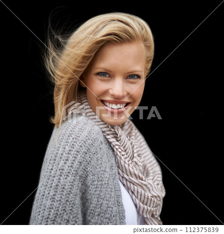 Autumn, fashion and portrait of happy woman in studio, black background or mock up space. Casual, style and girl with beauty from makeup, cosmetics or positive attitude in cardigan, jersey and scarf 112375839