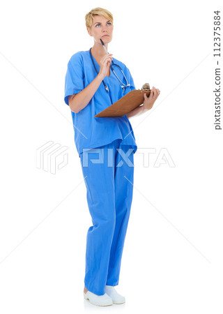 Woman, nurse thinking and documents in studio for medical research, assessment or clinic checklist. healthcare worker or doctor with service solution, clipboard and paperwork on a white background Woman, nurse thinking and documents in studio for medical research, assessment or clinic checklist. healthcare worker or doctor with service solution, clipboard and paperwork on a white background 112375884