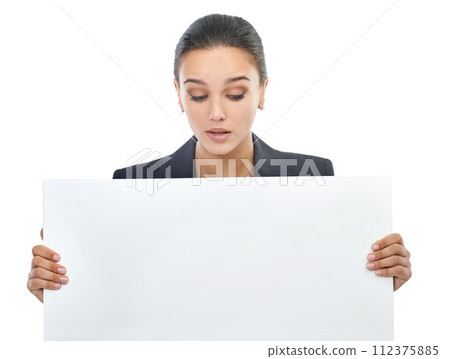 Woman, advertising and placard with mockup space in studio, portrait and information for market sales. Girl, poster and announcement for promotion, billboard and communication with white background Woman, advertising and placard with mockup space in studio, portrait and information for market sales. Girl, poster and announcement for promotion, billboard and communication with white background 112375885