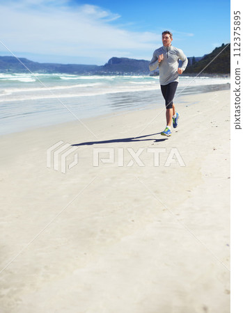 Sand, space or man at sea running for exercise, training or outdoor workout at beach for fitness. Sports person, mature runner or healthy athlete in nature for cardio endurance, wellness or mockup 112375895