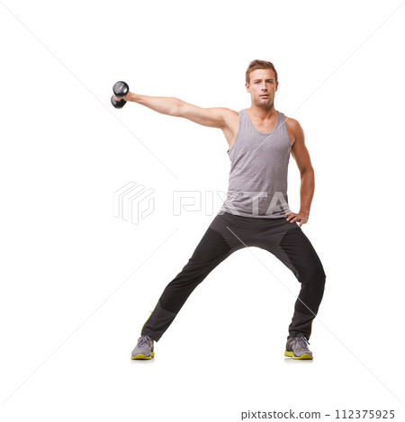 Portrait, bodybuilder or man with dumbbells training, exercise or fitness for wellness in studio. White background, mockup or healthy athlete in lateral raises workout for strong shoulders or muscle Portrait, bodybuilder or man with dumbbells training, exercise or fitness for wellness in studio. White background, mockup or healthy athlete in lateral raises workout for strong shoulders or muscle 112375925