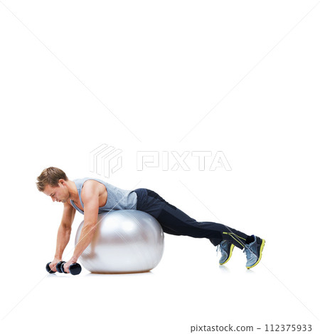Man, training or ball in studio for dumbbell workout performance, wellness or white background mockup. Strong male athlete, equipment or fitness weights for exercise space, body challenge or balance Man, training or ball in studio for dumbbell workout performance, wellness or white background mockup. Strong male athlete, equipment or fitness weights for exercise space, body challenge or balance 112375933