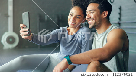Asian man, woman or phone selfie in gym workout, training or exercise for social media, health app or fitness vlog. Smile, happy or bonding exercise friends or people on mobile photography technology 112376021