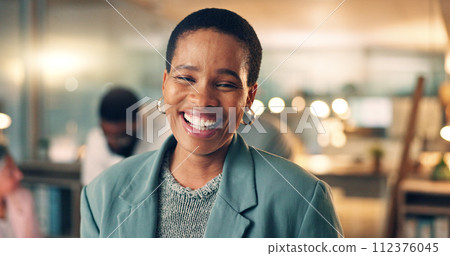 Face, business and black woman with arms a smile, meeting or career with teamwork, success or brainstorming. Portrait, African person or employee with cooperation, staff or professional with planning 112376045