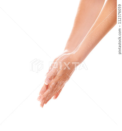 Skincare, soap and washing hands closeup for health in studio isolated on a white background mockup space. Fingers, nails and woman cleaning with foam, dermatology and bacteria prevention for hygiene Skincare, soap and washing hands closeup for health in studio isolated on a white background mockup space. Fingers, nails and woman cleaning with foam, dermatology and bacteria prevention for hygiene 112376059