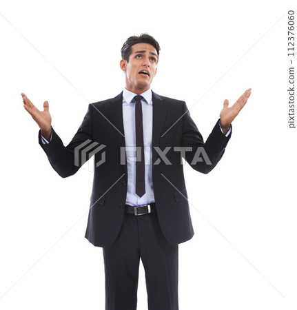 Business man, thinking and doubt in studio, professional and contemplating choice or decision. Male person, employee and brainstorming or question by white background, unsure and confused or why 112376060