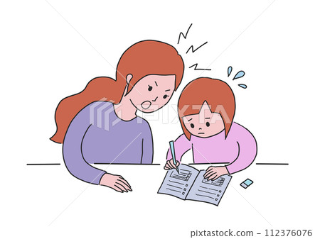 Parent and child studying, angry mother 112376076
