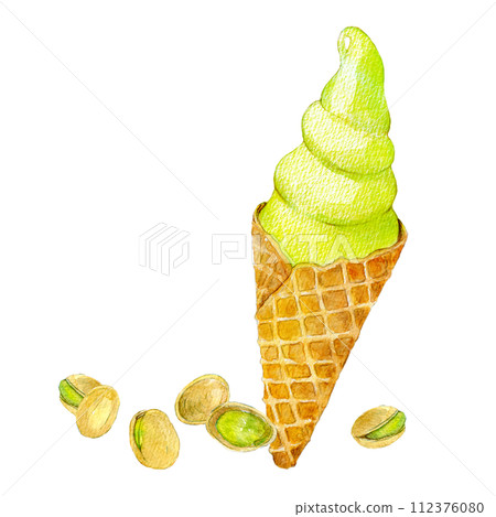 Pistachio soft serve ice cream watercolor illustration 112376080