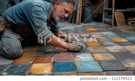 portrait of a worker laying tiles 112376423
