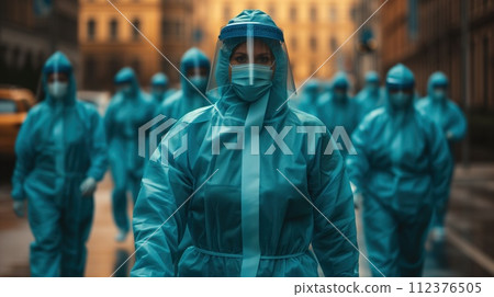 doctors in bio-protective pandemic suits 112376505