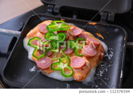 Mochi pizza made with a hot sandwich maker 112376594