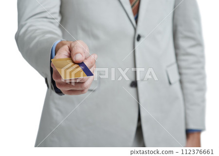 Corporate hands, credit card and studio for payment offer, fintech and professional investment, shopping or commerce. Business person with debit, finance and wealth for banking on a white background 112376661