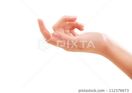 Woman, hand and skincare in beauty, manicure or cosmetic nail treatment against a white studio background. Closeup of female person palm for soft skin, glow or dermatology in wellness on mockup space 112376673