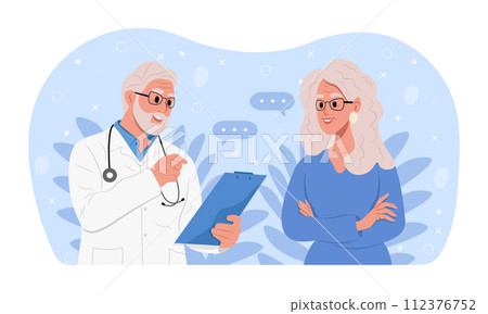 A family doctor is talking to an elderly patient. Awareness of the elderly about, Alzheimers disease, Cardiovascular diseases, Cancer, Osteoporosis, Arthritis, Parkinsons disease, Diabetes. 112376752