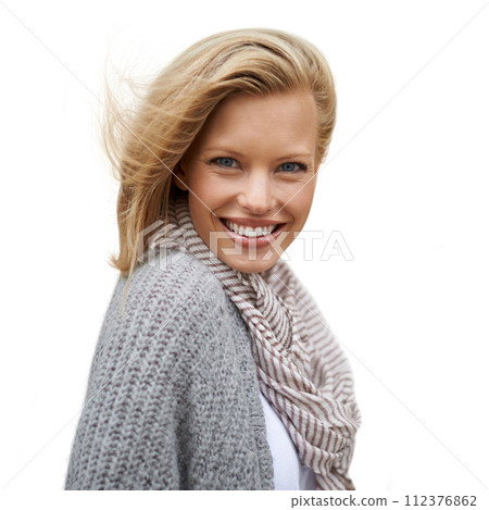Autumn, fashion and portrait of happy woman in studio, white background or mock up space. Casual, style and girl with a smile and positive attitude in cardigan, jersey and scarf to relax in Amsterdam 112376862
