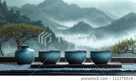 chinese tea background of misty mountains 112376924