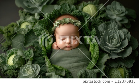 portrait of a newborn baby in cabbage 112376933