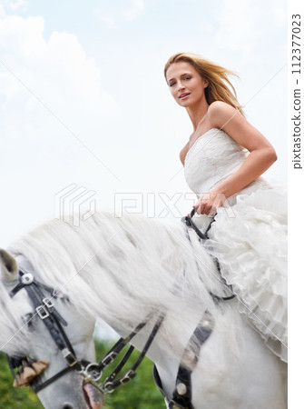 Wedding, woman and portrait with riding horse outdoor on grass for celebration, marriage or confidence on mockup. Bride, face and stallion on lawn in field with smile, dress and animal at ceremony 112377023