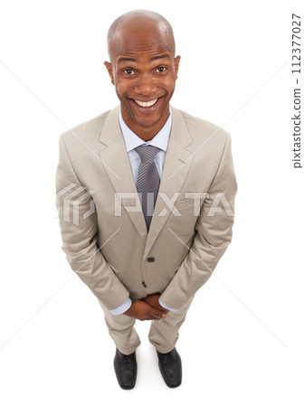 Professional portrait, top view and happy black man for business services, career work or realtor job experience. Studio, positive attitude and excited agent smile for good news on white background 112377027