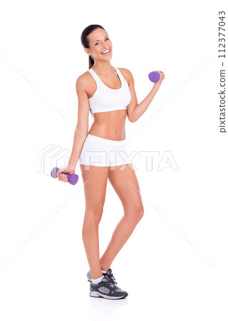 Portrait, woman and dumbbells for fitness, exercise or training in studio isolated on a white background mockup space. Workout, strong and gym with person weight lifting for muscle, body and health 112377043