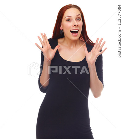 Wow, portrait and woman with surprise hands in studio for news, deal or unexpected information on white background. Omg, face and female model with shock emoji for gossip, secret or promotion offer 112377084