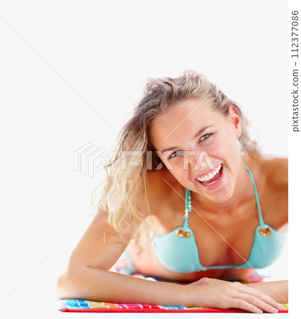 Summer, travel and bikini with portrait of woman on towel for swimming, relax and vacation. Tropical, happy and holiday with face of person and sunbathing for outdoor, peace and swimwear mockup Summer, travel and bikini with portrait of woman on towel for swimming, relax and vacation. Tropical, happy and holiday with face of person and sunbathing for outdoor, peace and swimwear mockup 112377086