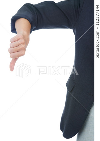 Businessperson, thumbs down and negative in studio, sign and dislike emoji by white background. Professional, employee and icon or symbol for review, vote and disagreement for corporate mistake Businessperson, thumbs down and negative in studio, sign and dislike emoji by white background. Professional, employee and icon or symbol for review, vote and disagreement for corporate mistake 112377144