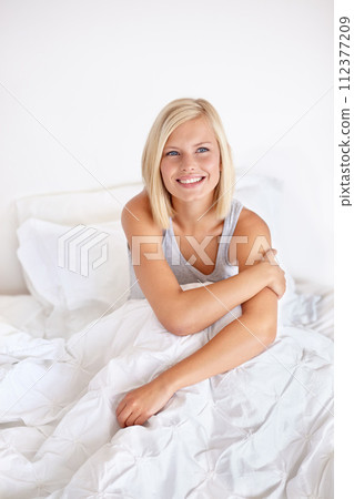Smile, thinking and morning with woman in bed of hotel to wake up for morning hospitality or accommodation. Relax, vision and vacation with happy young blonde person in bedroom of home on weekend Smile, thinking and morning with woman in bed of hotel to wake up for morning hospitality or accommodation. Relax, vision and vacation with happy young blonde person in bedroom of home on weekend 112377209