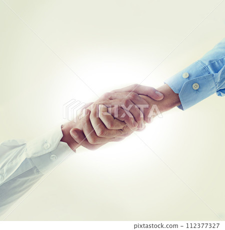 Low angle, business people and handshake with partnership, agreement and promotion. B2b deal, shaking hands and thank you with mockup space or cooperation for a project or collaboration with contract 112377327