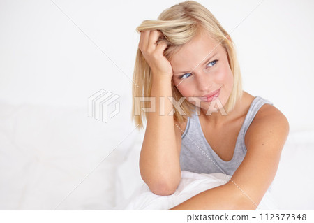 Happy, woman and thinking in morning on bed and wake up with ideas for future in home. Healthy, mindset and girl relax in bedroom on calm holiday, vacation and person rest in apartment mockup Happy, woman and thinking in morning on bed and wake up with ideas for future in home. Healthy, mindset and girl relax in bedroom on calm holiday, vacation and person rest in apartment mockup 112377348