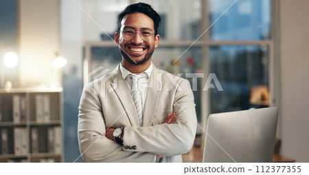 Professional business office, arms crossed and happy man, night worker or admin smile for career, job or work vocation. Manager, expert or portrait person confident, smile and pride in administration Professional business office, arms crossed and happy man, night worker or admin smile for career, job or work vocation. Manager, expert or portrait person confident, smile and pride in administration 112377355