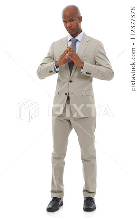 Portrait, business fashion and black man confident in professional suit, studio outfit or fashionable clothes. Serious, dress code and legal attorney with Hakini Mudra gesture on white background 112377378