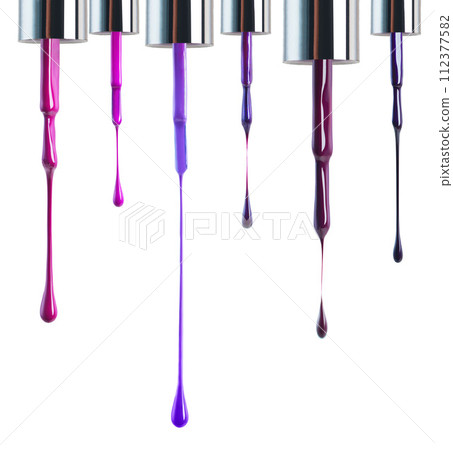 Nail polish, color and brush on a white background for beauty, cosmetics and salon products. Cosmetology, luxury spa and isolated liquid, drip and purple for manicure, pedicure and pamper in studio Nail polish, color and brush on a white background for beauty, cosmetics and salon products. Cosmetology, luxury spa and isolated liquid, drip and purple for manicure, pedicure and pamper in studio 112377582