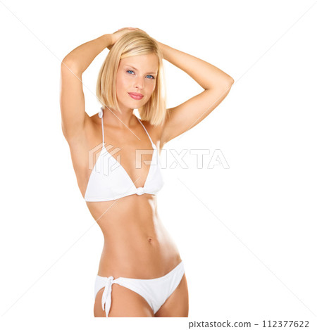Blonde woman, portrait and bikini in fashion style or swimwear on a white studio background. Female person or model smile in underwear for beauty, beach or summer clothing in skincare on mockup space Blonde woman, portrait and bikini in fashion style or swimwear on a white studio background. Female person or model smile in underwear for beauty, beach or summer clothing in skincare on mockup space 112377622