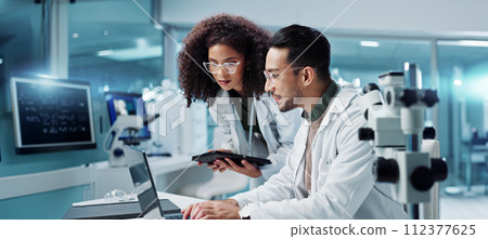 Science, teamwork and scientist with tablet in laboratory for communication, pharmaceutical review or planning. Employees, collaboration and technology for research, discussion and digital analysis 112377625