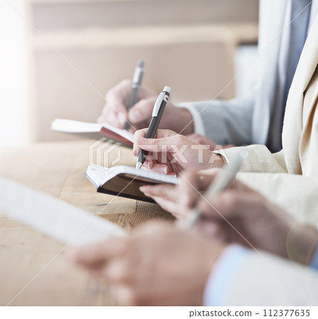 Hands, writing and meeting with business people in boardroom of office or seminar or upskill development. Learning, training and growth with employee group in audience or crowd for workshop closeup 112377635