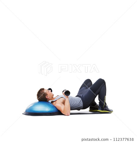 Fitness, half ball or athlete in dumbbell workout performance for wellness in studio on white background. Strong male bodybuilder, man or training equipment for mockup space, challenge or weights Fitness, half ball or athlete in dumbbell workout performance for wellness in studio on white background. Strong male bodybuilder, man or training equipment for mockup space, challenge or weights 112377638