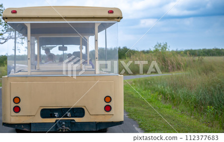 Selective Focus on the Shuttles at Shark Valley Visitor Center in the Everglades National Park. 112377683