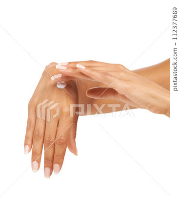 Woman, hands or cream in studio with skincare for cosmetics, manicure or nail treatment for wellness. Person, fingers or mock up space for cosmetology, moisturiser and smooth skin on white background 112377689
