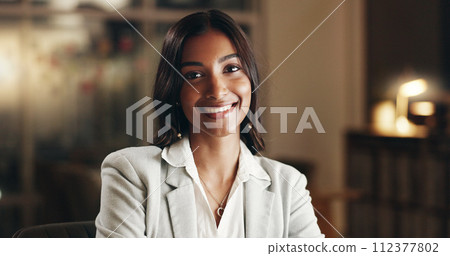 Smile, night and face of business woman, office consultant or agent happy for overtime work, commitment or career. Pride, portrait and Indian person confident, professional and working late in agency Smile, night and face of business woman, office consultant or agent happy for overtime work, commitment or career. Pride, portrait and Indian person confident, professional and working late in agency 112377802