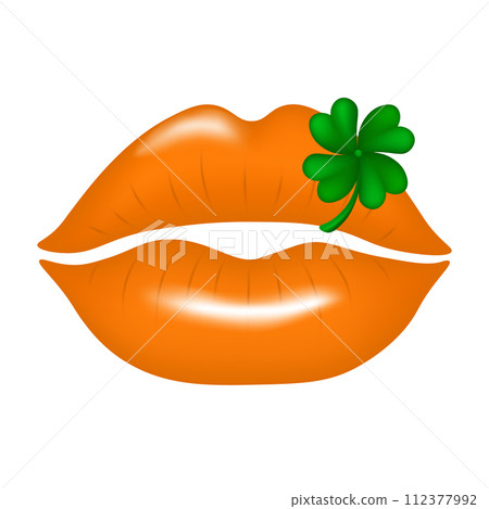 Beautiful 3d orange lips with clover leaves isolated on transparent background. Happy St. Patrick's Day. Vector illustration Beautiful 3d orange lips with clover leaves isolated on transparent background. Happy St. Patrick's Day. Vector illustration 112377992